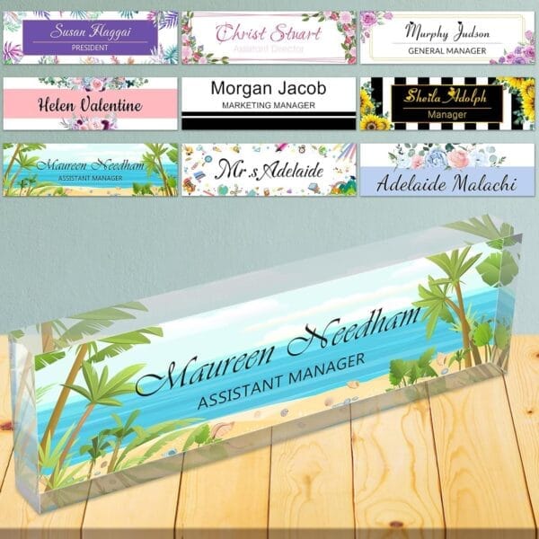 Desk Name Plates for Office Personalized Name Plaque for Desk Clear Acrylic Glass Office Desk Decor for Women or Men,8″x2.5