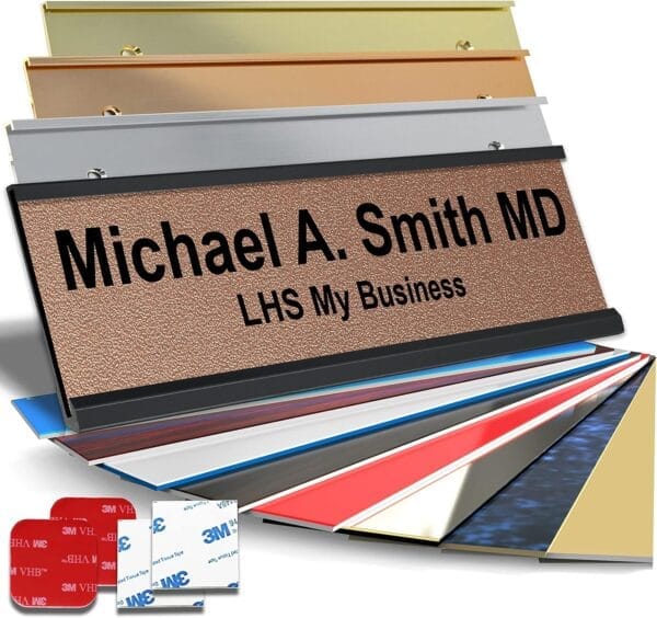 Engraved Desk Sign with Choice of Mounting for Walls, Doors, Desk Holders, Cubicles, Hanging and More | Custom Textured Copper Plastic Black Letters | USA Made 2×8 – M2