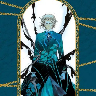 Illustrazione di un personaggio con vestiti blu e sciarpa, sfondo con catene dorate, stile manga.