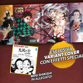 Illustrazione colorata di personaggi di Demon Slayer con effetti speciali e dettagli vivaci.