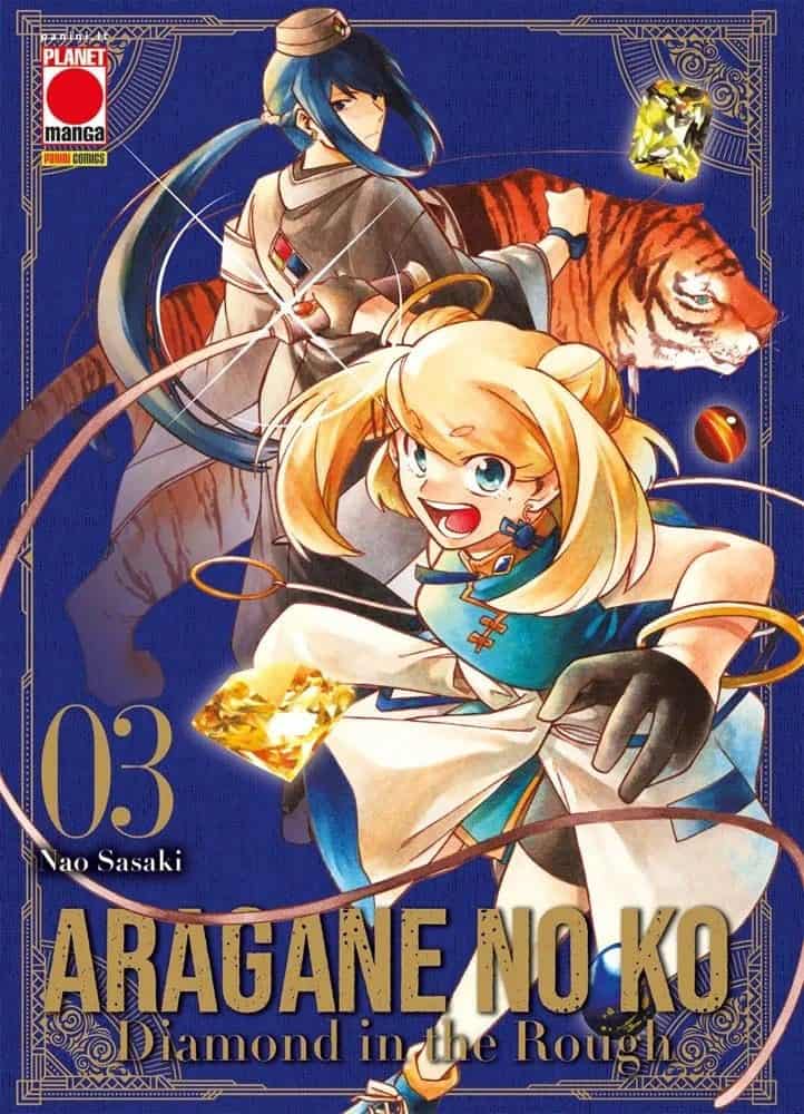 Alt: Copertina del manga Aragane no Ko 3 con personaggi anime e sfondo blu, include tigre e diamanti.