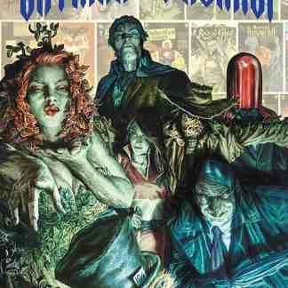 Illustrazione di Batman e nemici iconici in omaggio all'anniversario. Arte dettagliata e colorata dei personaggi DC.