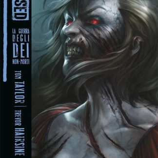 Mostra un potente personaggio zombie con occhi rossi e tratti deteriorati, in stile dark fantasy, dalla graphic novel DCeased.