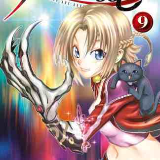 Immagine di una giovane ragazza con armatura e gatto nero, stile manga di Agente 008.