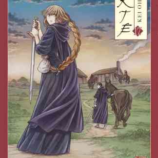 Illustrazione manga di una giovane donna con spada in un paesaggio rurale.