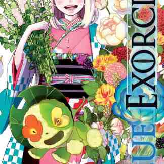 Immagine di una ragazza in kimono con fiori e personaggi manga Colorata copertina di Blue Exorcist 3, arte manga di Kazue Kato.