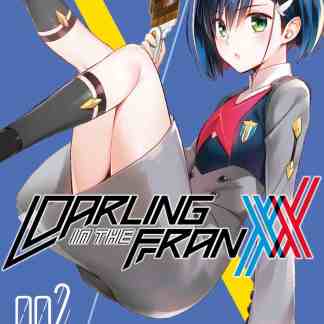 Dessin anime di Darling in the Franxx, personaggi femminili in stile manga, copertina di volume, figura di ragazza in uniforme.