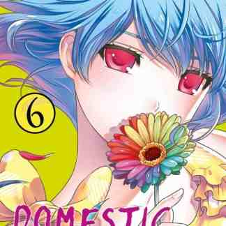 Ragazza manga con capelli blu, occhi rosa, tiene fiore colorato, stile originale.