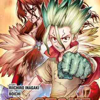 Fumetti manga Dr. Stone 16, ambientazione post-apocalittica, personaggi principali in azione.