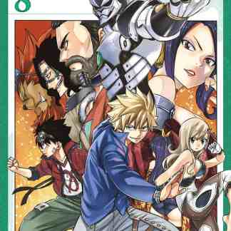 Illustrazione dinamica dei personaggi principali di Eden Zero, manga di Hiro Mashima, con eroi e combattenti futuristici.