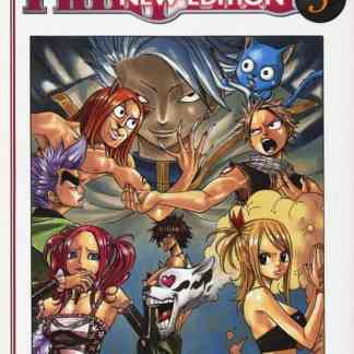 Copertina di Fairy Tail Nuova Edizione 5 con personaggi anime, protagonista Natsu e membri della gilda.