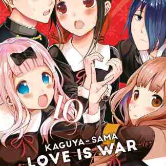 Ragazza con grandi occhi e personaggi anime, copertina manga Kaguya Sama Love is War.