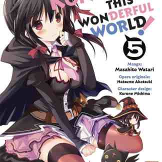 Ragazza manga Konosuba con personaggi fantasy e gatto nero, copertina di volume manga 5.