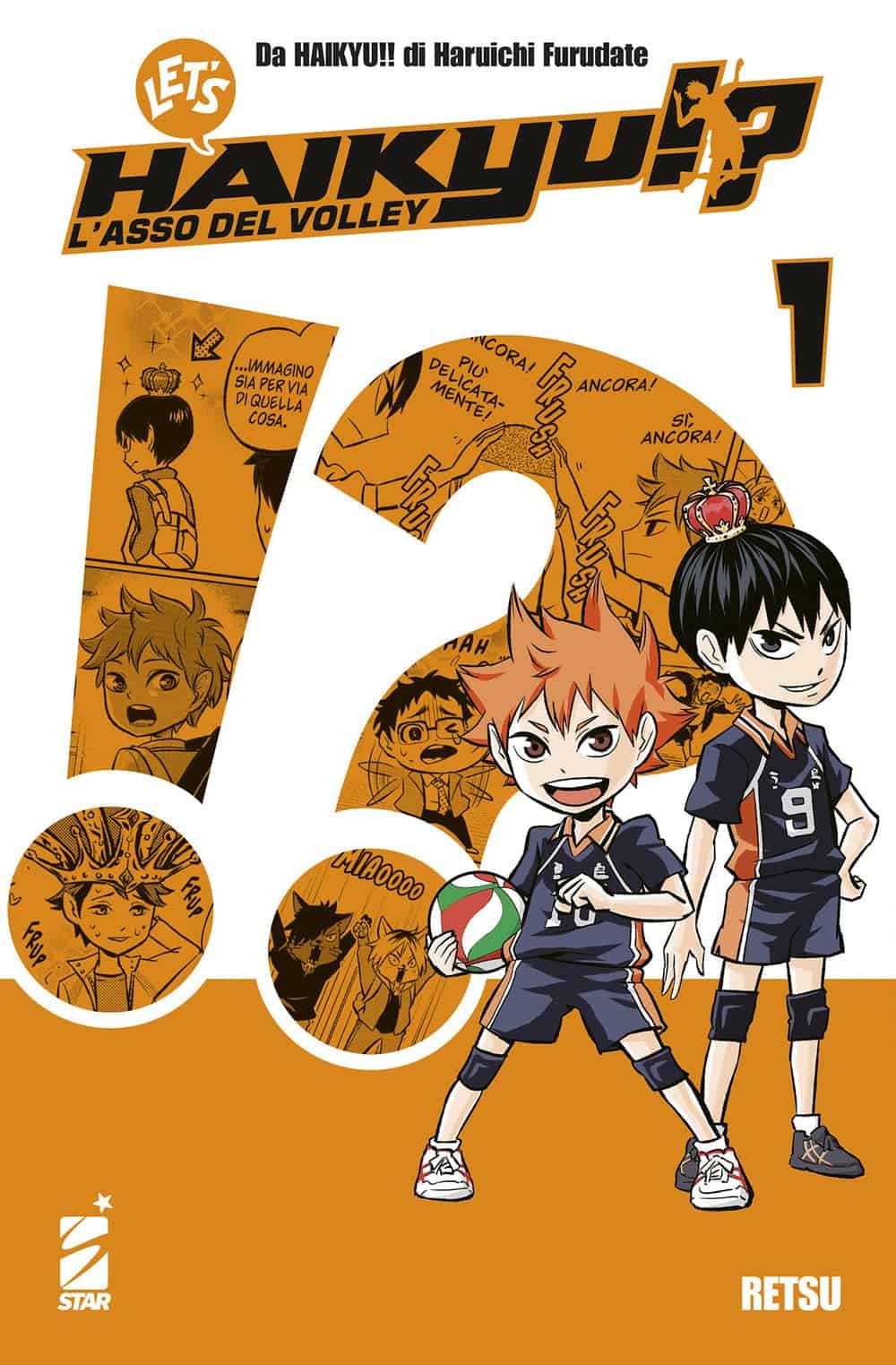 Alto testo: Copertina del fumetto Haikyuu! con i personaggi principali in stile manga, sport e volleyball.