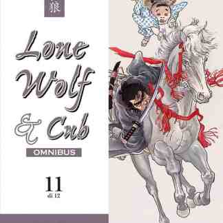 Capelli neri, guerriero con katana su cavallo, stile giapponese tradizionale, copertina fumetto Lone Wolf & Cub 11.