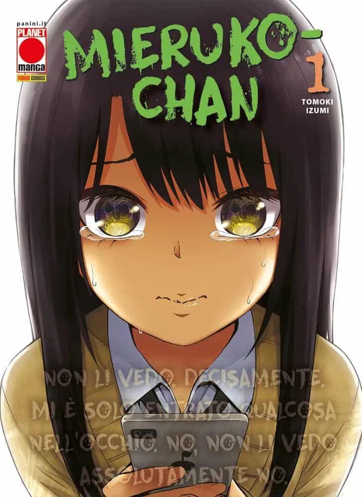 Ragazza triste con occhi grandi e lacrime, che guarda un telefono, copertina manga anime giapponese.