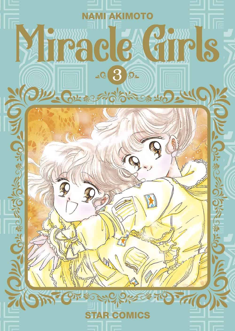 Immagine di cover del volume 3 di Miracle Girls, con due ragazze con capelli biondi e grandi occhi, in stile manga, su sfondo colorato.