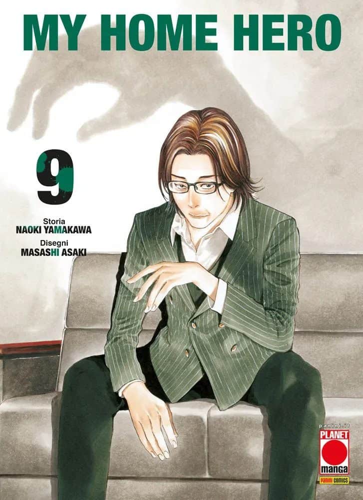 Alt: Copertina manga "My Home Hero" episodio 9 con protagonista seduto su divano.