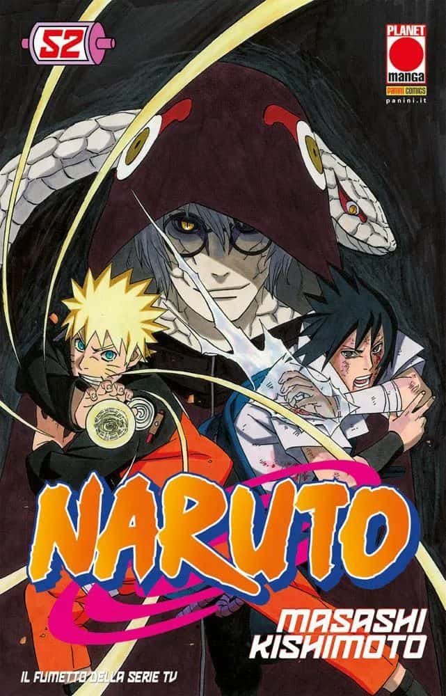 Alt: Copertina di Naruto Il Mito 52 con Naruto, Sasuke e Orochimaru in stile manga.