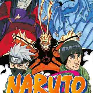 Copertina manga Naruto con personaggi principali e sfondo dinamico.