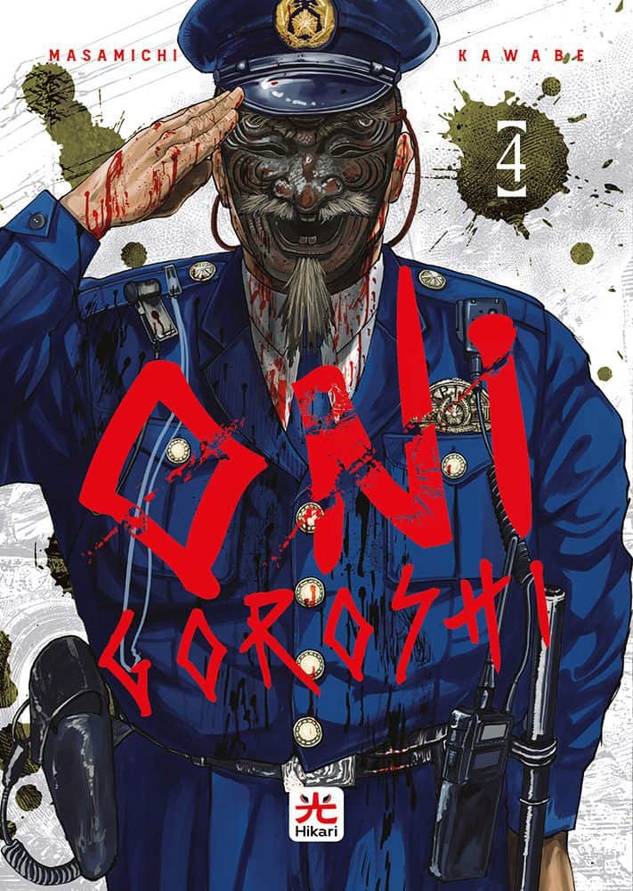 Dettaglio di un poliziotto manga con volto inquietante e sangue, copertina di Onigoroshi 4.