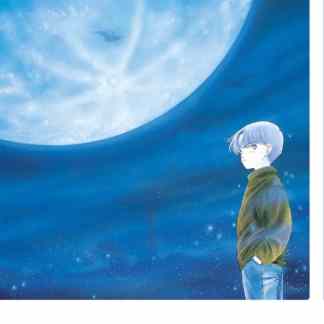 Giovane ragazzo sotto il cielo stellato con luna e pianeta.