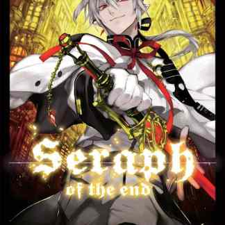 Personaggio di Seraph of the End con armatura e spada, sfondo urbano luminoso e dettagli dark.