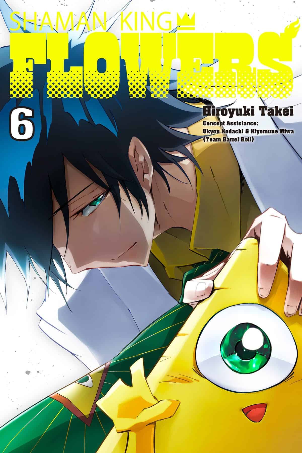 Copertina manga Shaman King Flowers vol. 6, Hiroyuki Takei, personaggi principali, stile anime giapponese.