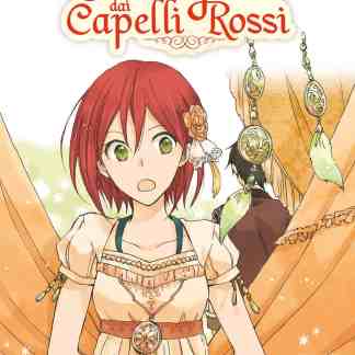 Fumetto manga di Shirayuki dai capelli rossi, protagonista con vestito elegante e sfondo naturale.