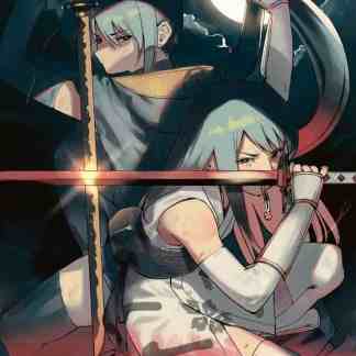 Immagine di due personaggi anime con spade sotto la luna piena, atmosfera dark e misteriosa, manga di Bukimi Miki.