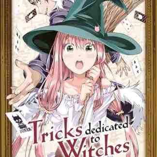 Illustrazione di giovani streghe con cappelli e scope, scena di magia e carte da gioco, manga fantasy per appassionati.