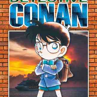Immagine di Conan Edogawa con sfondo traghetto al tramonto, manga, anime, detective, giallo, mistero.