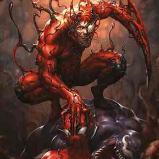 Mostro demoniaco di Carnage in forme infernali, combattendo Spider-Man e Venom.