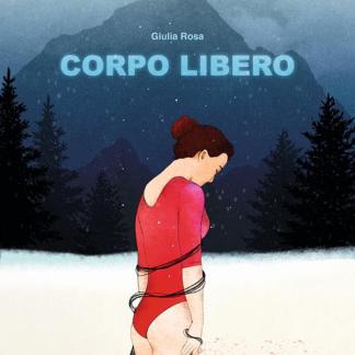Illustrazione di una donna che si libera da corde in un paesaggio montano in stile artistico.