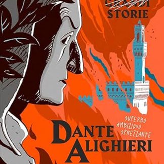 Illustrazione di Dante Alighieri con sfondo arancione e torre, ambientazione gotica e misteriosa.