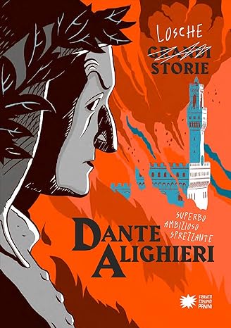Illustrazione di Dante Alighieri con sfondo arancione e torre, ambientazione gotica e misteriosa.