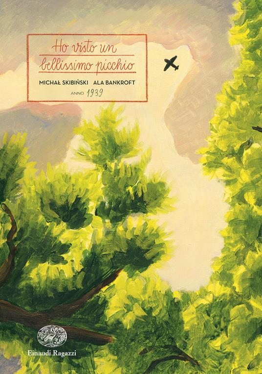 Illustrazione di un picchio sugli alberi verdi e un aereo nel cielo, copertina di un libro di Michał Skibiński.