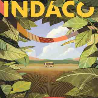 Illustrazione di un paesaggio con bus e campi, ambientazione rurale con foglie verdi e cielo nuvoloso.