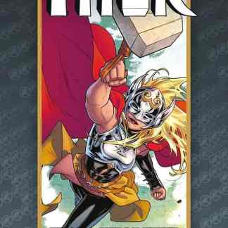 Personaggio di Thor con martello, stile fumetto, azione epica, comic Marvel.