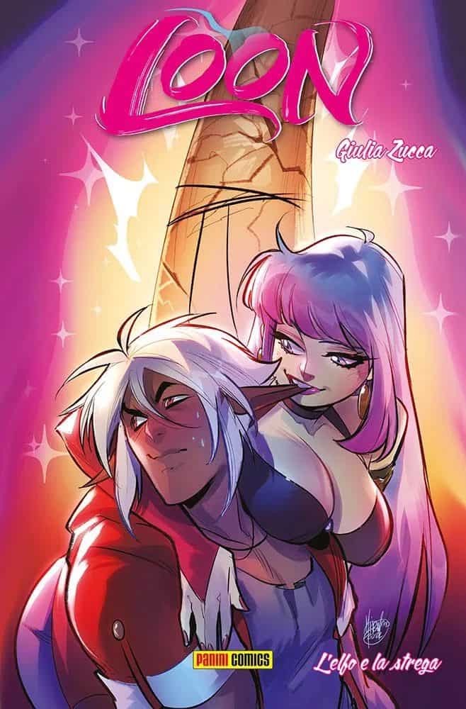 Illustrazione di una coppia fantasy con personaggi elf e strega, stile manga, copertina colorata, atmosfera romantica.