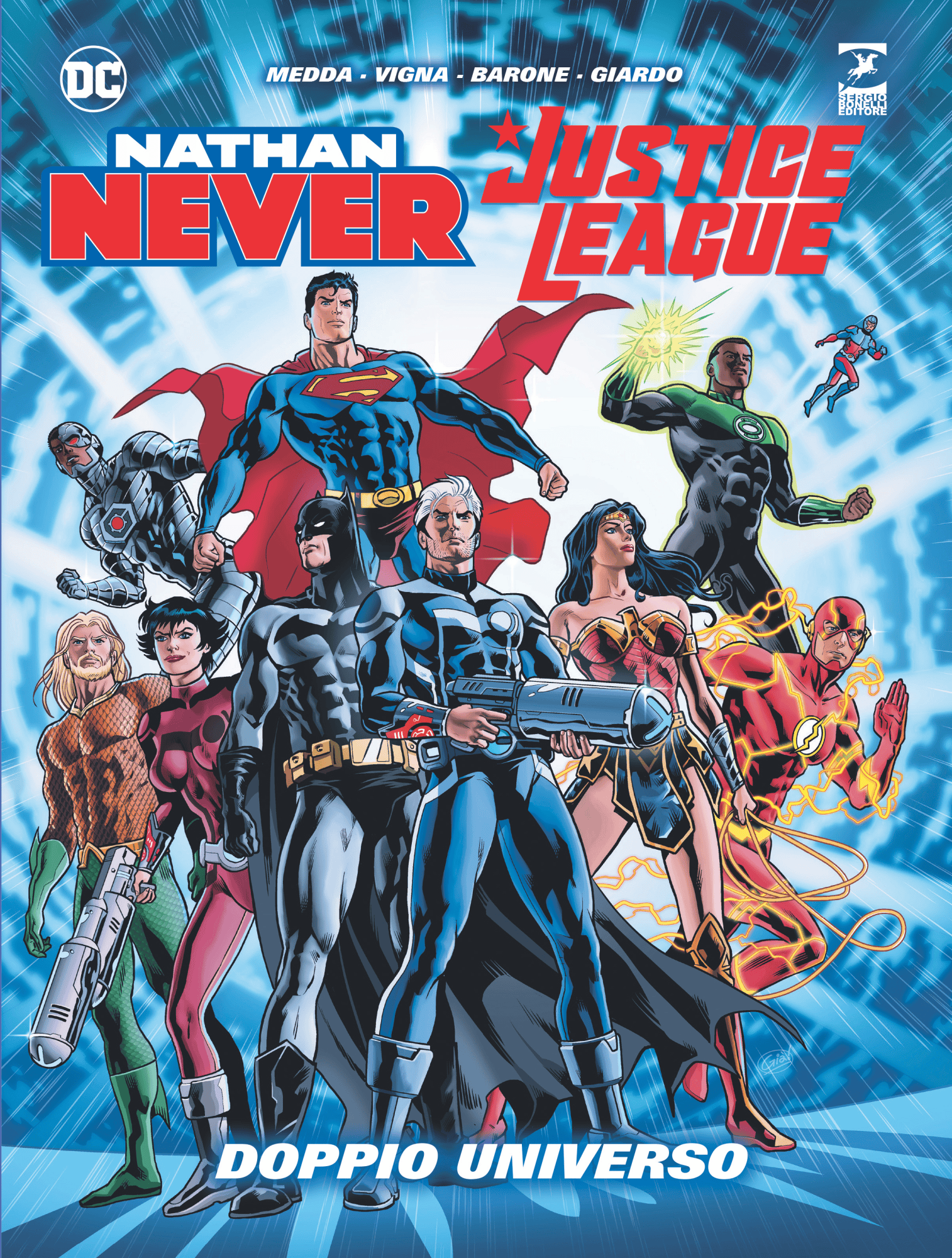 Supereroi Nathan Never e Justice League in copertina digitale con personaggi iconici.