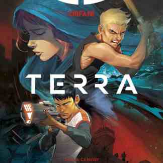 Alt: Copertina fumetto Orfani Terra con tre giovani protagonisti in azione, stile grafico dettagliato e dinamico.