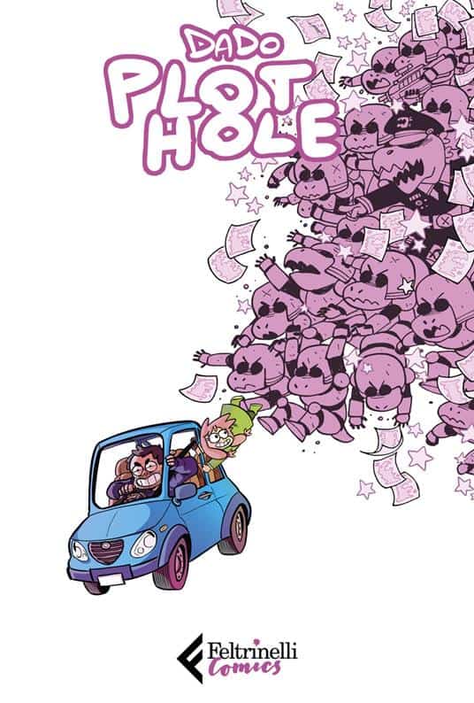 Illustrazione di personaggi di Dado Plot Hole in stile fumetto, con gruppo di pigmonster che lancia documenti, colori vivaci.