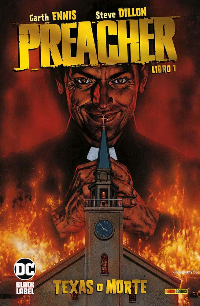 Alt: Copertina del fumetto "Preacher Libro 1" con immagini di fiamme e chiesa, protagonista con sorriso sinistro.