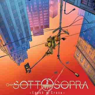 Illustrazione di un personaggio che cammina su un filo tra grattacieli in un cielo al tramonto.