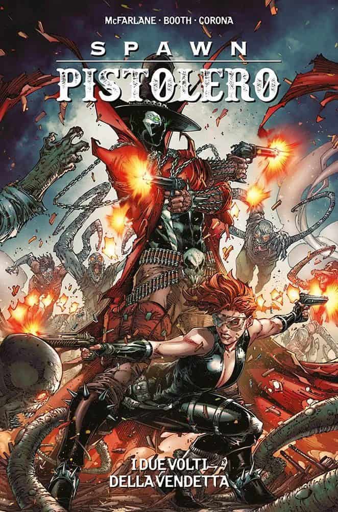Descrizione di Spawn Pistolero, un eroe dark con pistola, in un'epica scena di battaglia zombie.