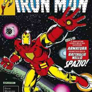 Illustrazione di Iron Man in spazio, copertina Marvel Masterworks, fumetto supereroi, eroi Marvel.