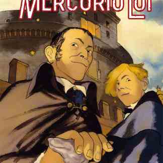 Illustrazione di un fumetto storico ambientato a Roma, con personaggi vestiti in abiti d'epoca e sfondo di un edificio romano.