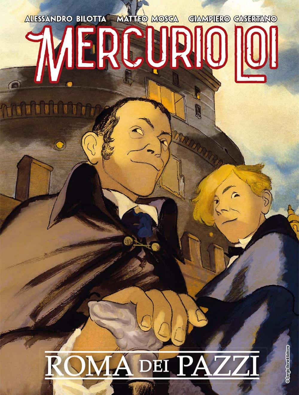 Illustrazione di un fumetto storico ambientato a Roma, con personaggi vestiti in abiti d'epoca e sfondo di un edificio romano.