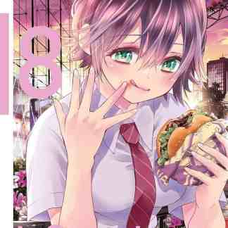 Ragazza manga con hamburger, scena urbana al tramonto, stile anime, copertina di manga.